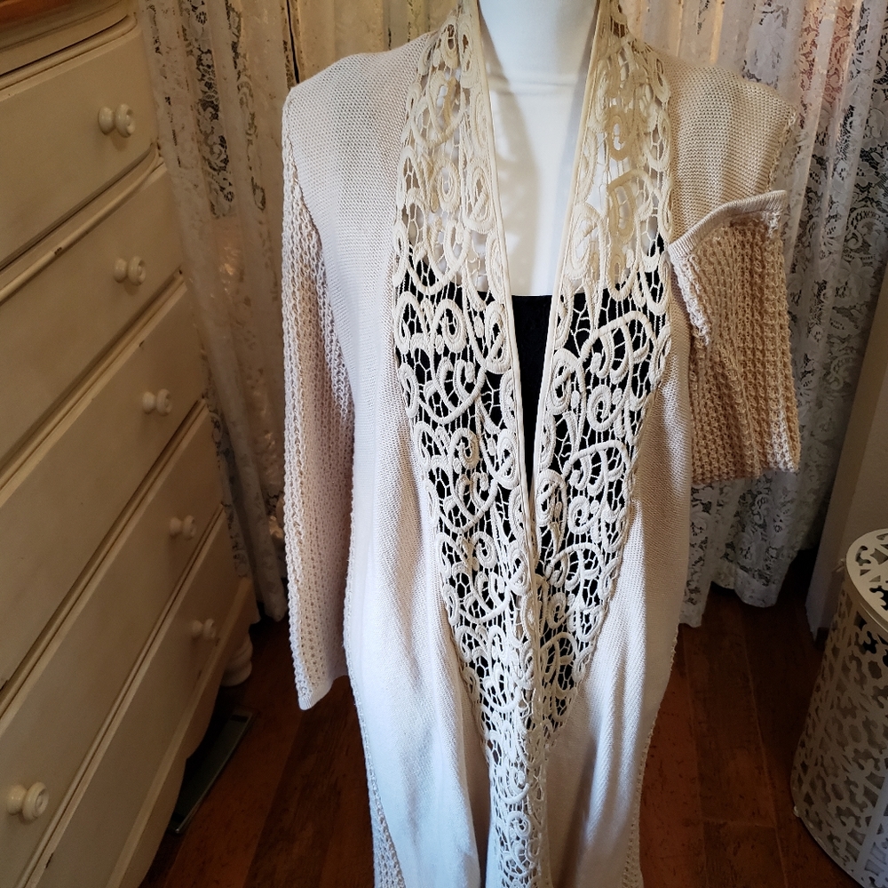 Chicos Lace Trimmed Midi Length Sweater
